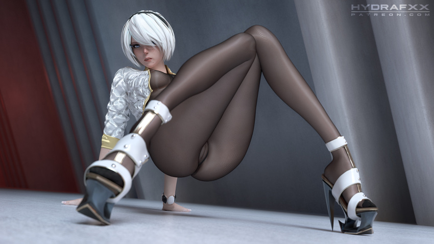 1girls 3d blue_eyes bodystocking bodysuit cropped_jacket female female_only high_heels hydrafxx innie_pussy light-skinned_female light_skin nier:_automata nier_(series) no_panties open_toe_shoes pale-skinned_female pantyhose platform_heels pussy shoes short_hair solo solo_female tagme wallpaper white_hair wristwatch yorha_2b