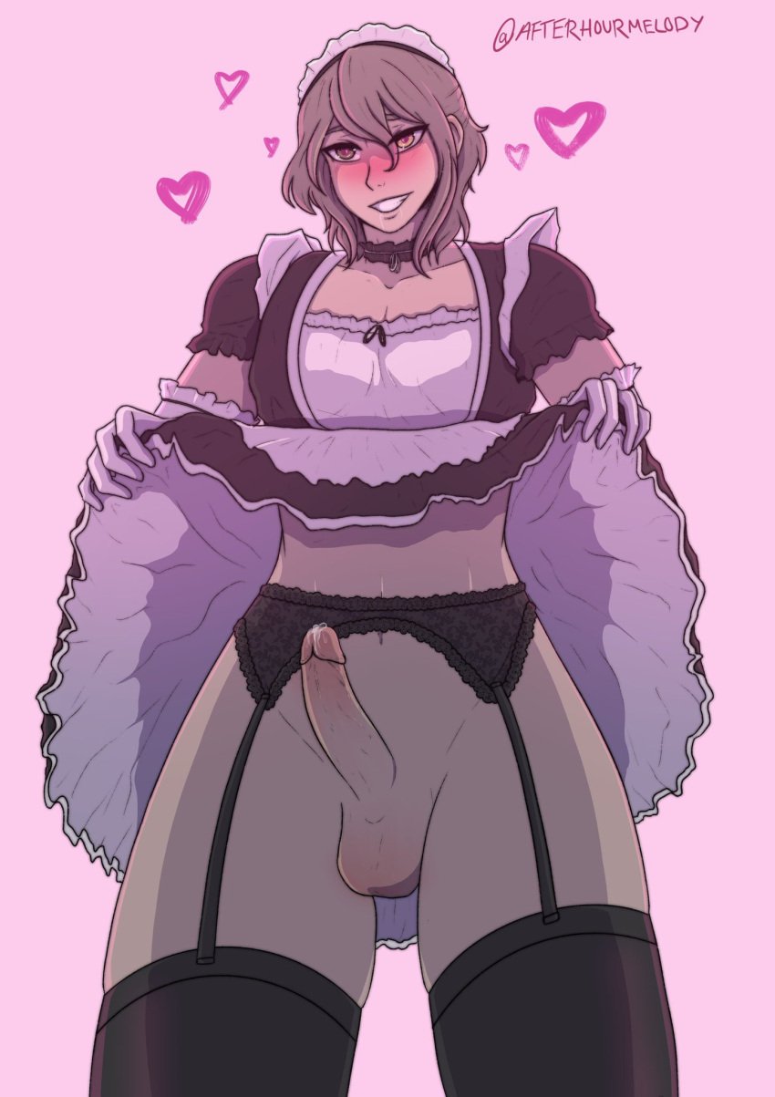 ai:_the_somnium_files balls blush gay kaname_date maid_uniform male_only penis penis_out skirt_lift smirking_at_viewer solo yaoi