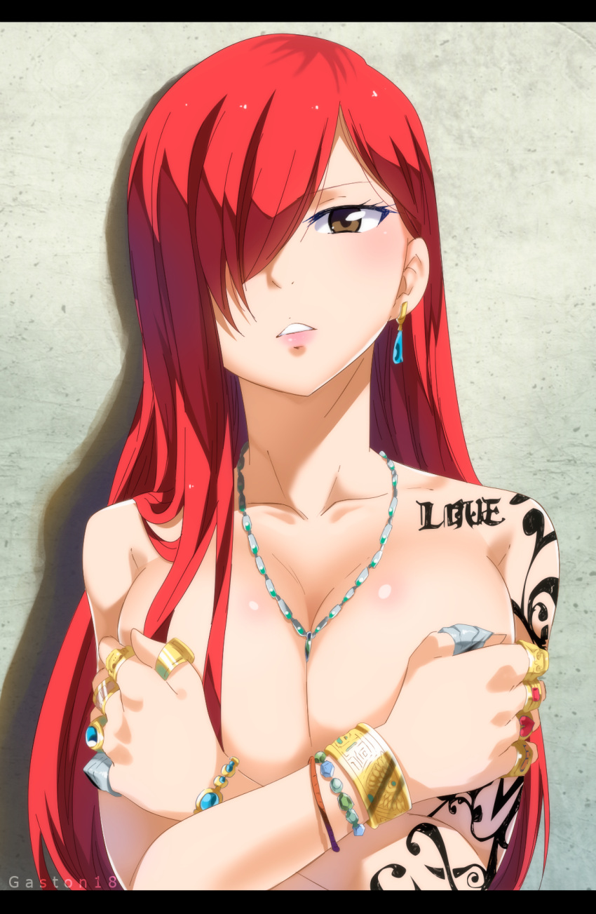 against_wall blush bracelet breast_squeeze brown_eyes cleavage collarbone colored_eyelashes covering_breasts crossed_arms earrings erza_scarlet fairy_tail female female_focus gaston18 gem hair_over_one_eye head_tilt heart jewelry large_breasts lips lipstick long_hair looking_at_viewer necklace nude parted_lips red_hair ring solo tattoo tsurime upper_body