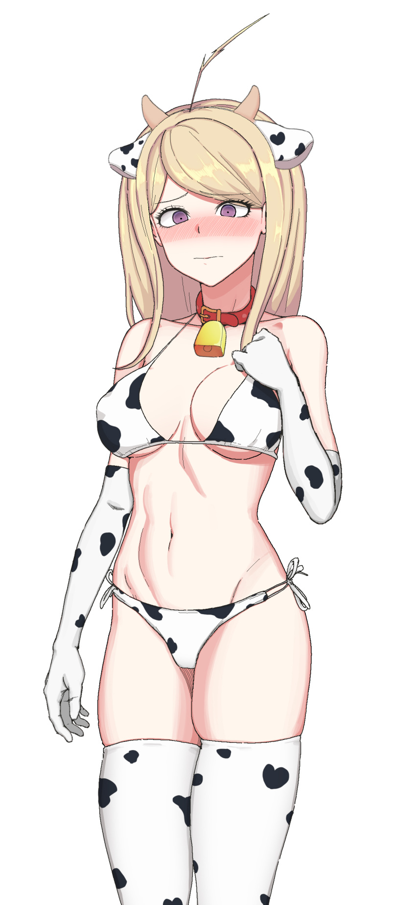 akamatsu_kaede bikini blush collar cow_bikini cow_ears cow_horns cow_print cow_print_bikini cowbell danganronpa danganronpa_v3 embarrassed gloves seongkun straight_hair thighhighs