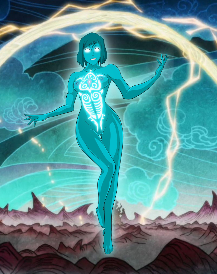 1girls avatar_legends avatar_state blue_skin bob_cut breasts casual dark_skin disembodied_soul eye_of_the_beholder female female_only floating glowing_eyes glowing_markings human korra medium_breasts nipples raava smile smooth_skin soul spirit spirit_(avatar) the_avatar the_legend_of_korra vagina water_tribe