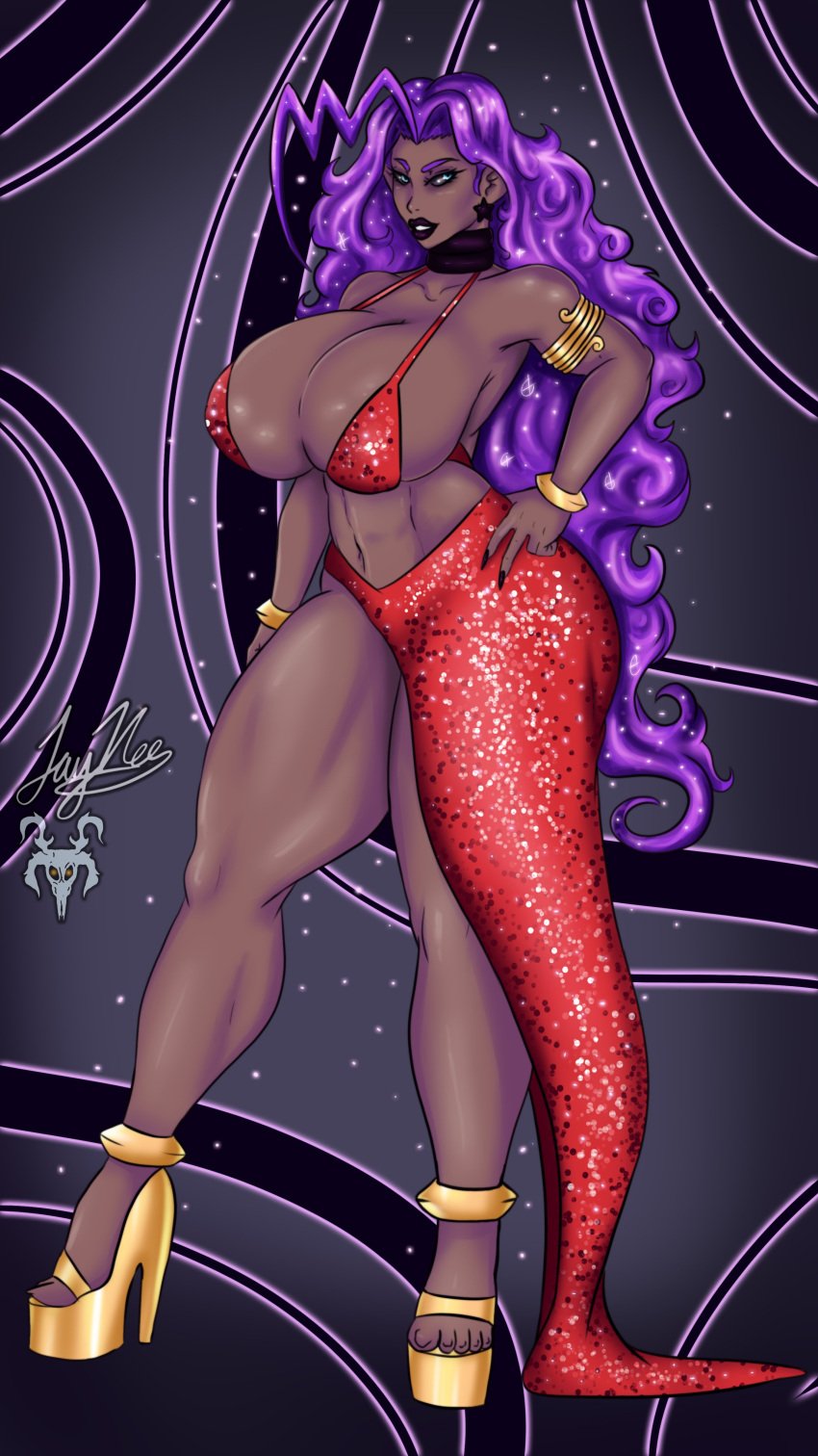 big_breasts black_sclera blue_eyes bracelet breasts daphne_dress dark-skinned_female dark_skin dress gold_heels high_heels huge_breasts jayvee_(artist) no_bra no_panties no_underwear oc original original_character purple_hair red_dress thick_thighs