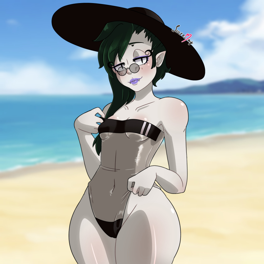 ass beach big_ass big_butt dark_hair female goth goth_girl gothic light-skinned_female light_skin patreon sucremay swimsuit swimwear thick_thighs thighs