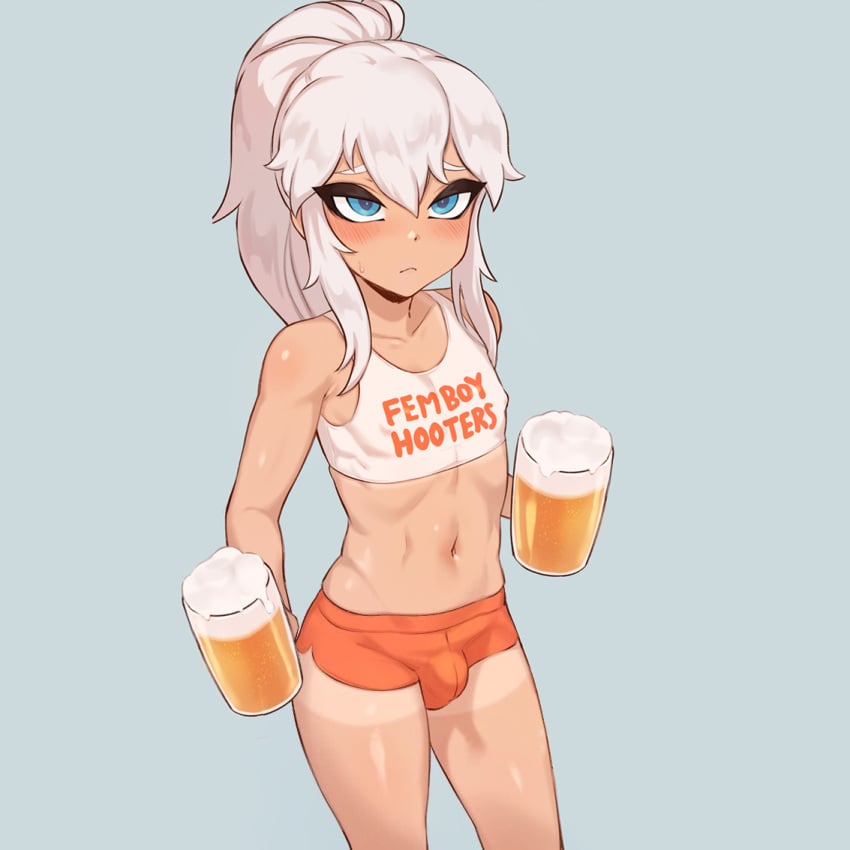 1boy beer blue_eyes blush cody_(dross) crop_top femboy femboy_hooters hooters jtveemo male male_only petite ponytail shorts sidelocks sissy solo_focus tanline trap white_hair