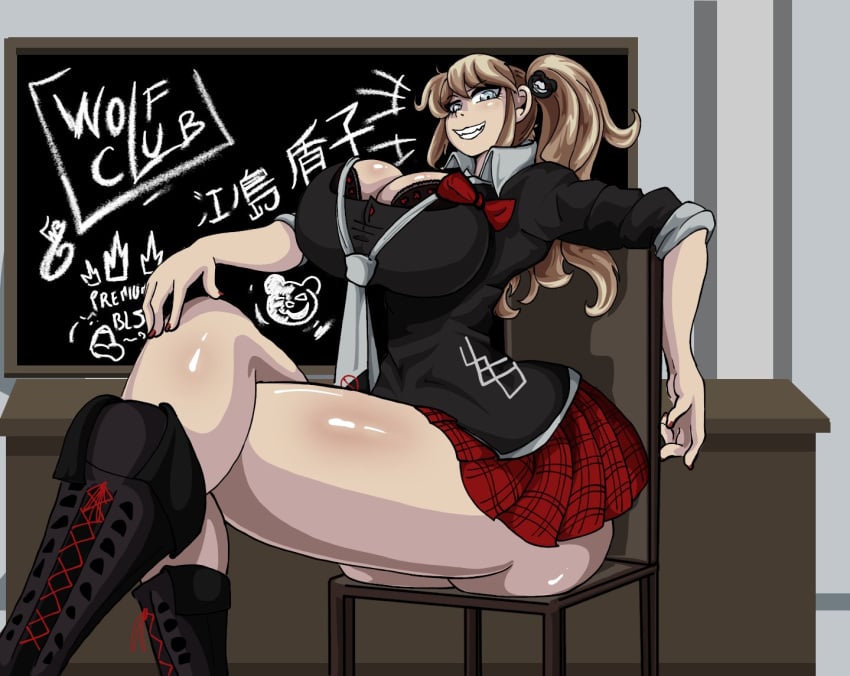 1girls ass big_ass bikowolf1 black_bra black_eyes blonde_hair boots bra breasts chair cleavage danganronpa female female_only hair hair_ornament huge_breasts junko_enoshima legs_crossed legwear nail_polish nails neckwear pleated_skirt red_nail_polish red_nails red_skirt skirt solo solo_female thick_thighs thighs twintails