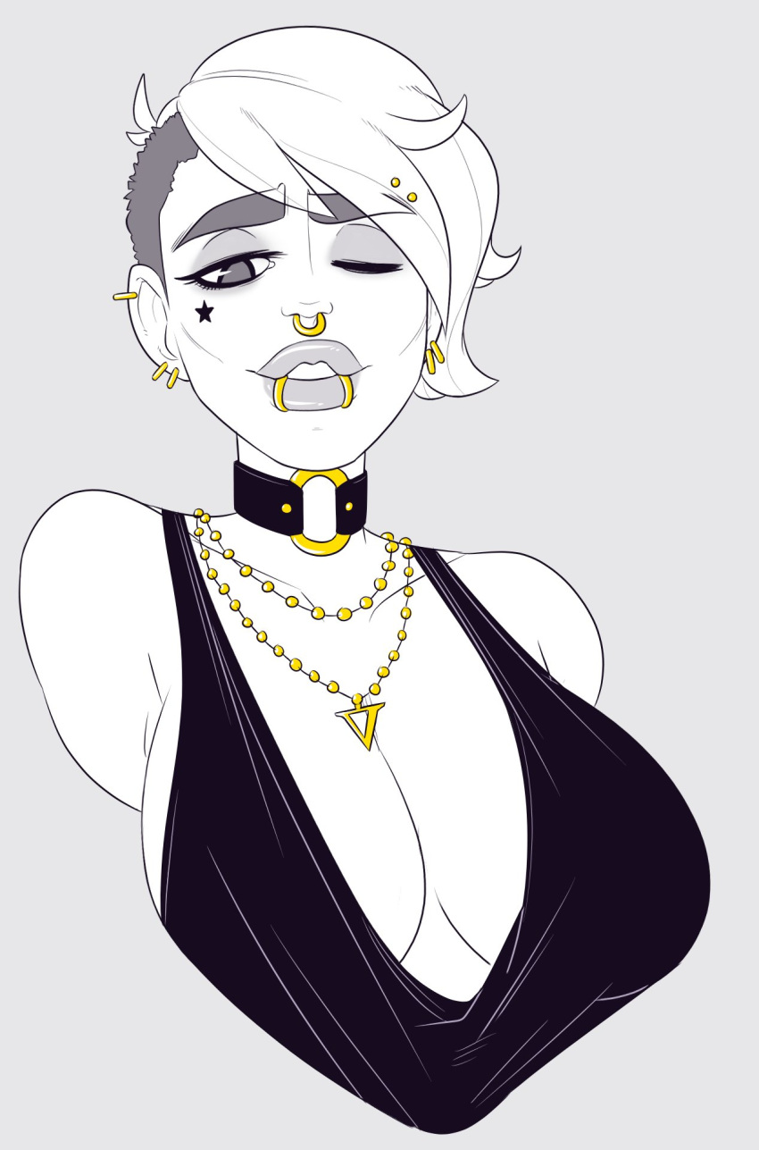 artist_request bare_shoulders big_breasts breasts cleavage collar crop_top ear_piercing earrings female female_focus female_only foolymagooly jewelry line_art lip_piercing monochrome necklace nericurls nose_piercing piercing septum_piercing short_hair sideboob tagme thao_vu