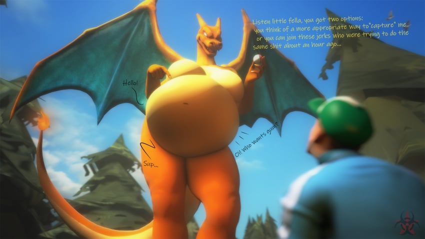 3d anthro belly big_belly big_breasts breasts cap charizard clothing dragon english_text female giantess human large_breasts macro male nintendo pestilad pokémon_(species) pokeball pokemon pokemon_(species) text voluptuous vore wings