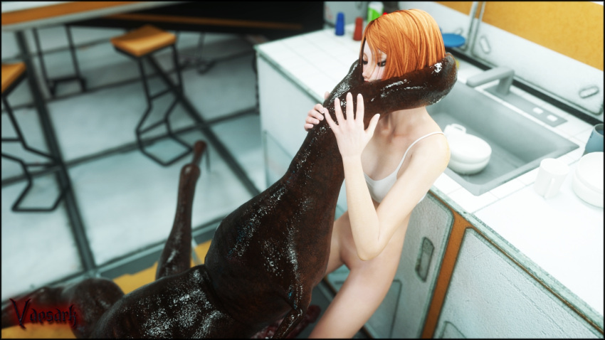 1girls 2019 3d alien bottomless depth_of_field female indoors kissing monster nude nude_female orange_hair red_hair sci-fi science_fiction short_hair slushe_(website) small_breasts straight vaesark