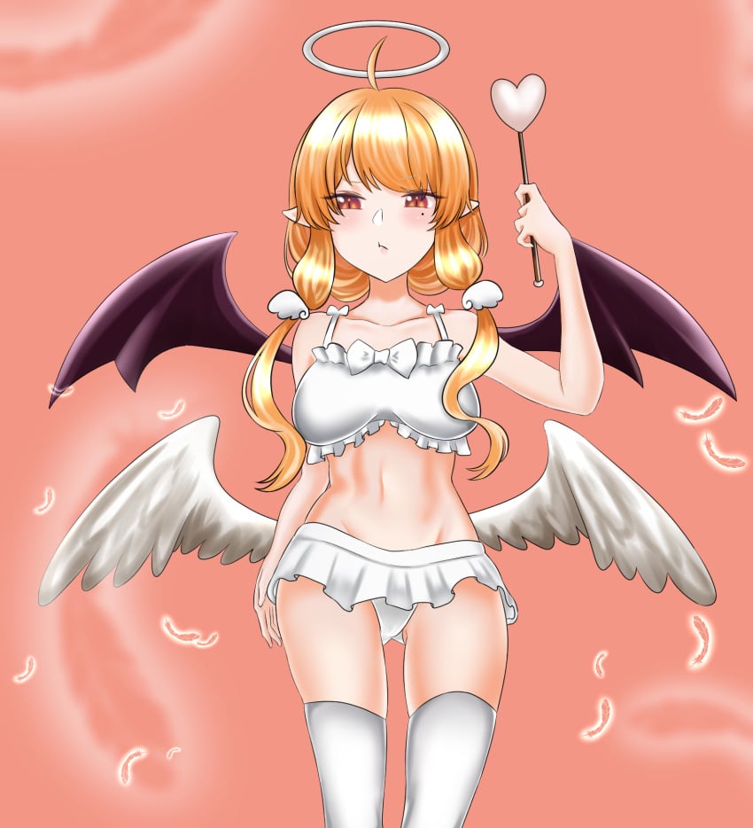 1girls angel_wings blonde_hair clothed devil_wings eyebrows_visible_through_hair fuyuka_rin halo light-skinned_female light_skin magic_wand mirolive miyataikazumi pout revealing_clothes solo virtual_youtuber wand wings