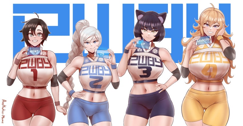 4girls aestheticc-meme ass_visible_through_thighs bedroom_eyes big_breasts black_hair blake_belladonna blonde_hair blue_eyes breasts brown_hair busty cat_ears cat_eyes catgirl cheerleader clothed electronics faunus female gym_uniform hourglass_figure huge_breasts human large_breasts long_hair looking_at_viewer medium_hair multiple_girls pale_skin purple_eyes ruby_rose rwby shorts silver_eyes slender_waist smile smiling_at_viewer team_rwby thick_thighs thigh_gap thighs two_tone_hair voluptuous weiss_schnee white_hair wide_hips workout_clothes yang_xiao_long yellow_eyes