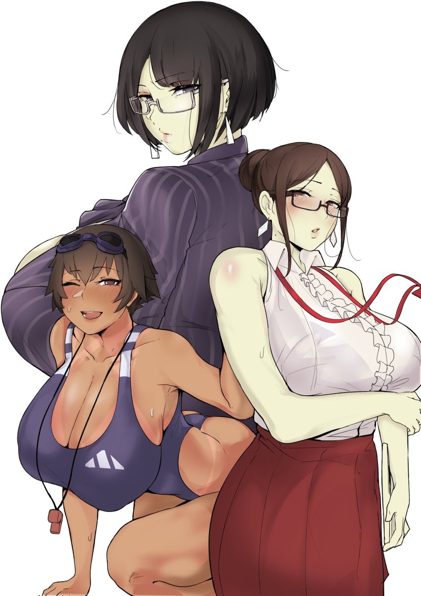 3girls bakunyuu big_breasts black_hair breasts busty cleavage curvaceous curves curvy curvy_body curvy_female curvy_figure earrings female female_focus grace_(puzenketsu) huge_breasts large_breasts mature mature_female mature_woman milf multiple_girls namhorm_(puzenketsu) nodo original principal puzenketsu short_hair skirt swimming_goggles swimsuit teacher tomboy very_short_hair voluptuous waan_(puzenketsu) whistle whistle_around_neck