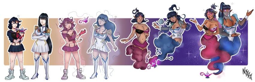 arabian arabian_clothes blackification breast_expansion djinn ebonization female genie genie_lamp hair_color_change huge_breasts kill_la_kill kiryuuin_satsuki matoi_ryuuko nipples nyxx-x personality_change race_swap transformation transformation_sequence