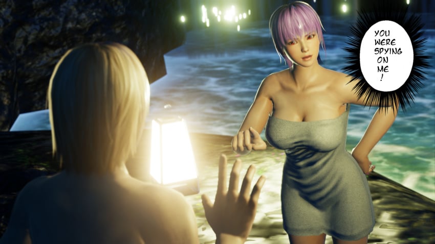 1boy 1girls 3d ass ayane_(doa) big_breasts dead_or_alive eliot_(doa) exa night outside pool poolside purple_hair red_eyes towel