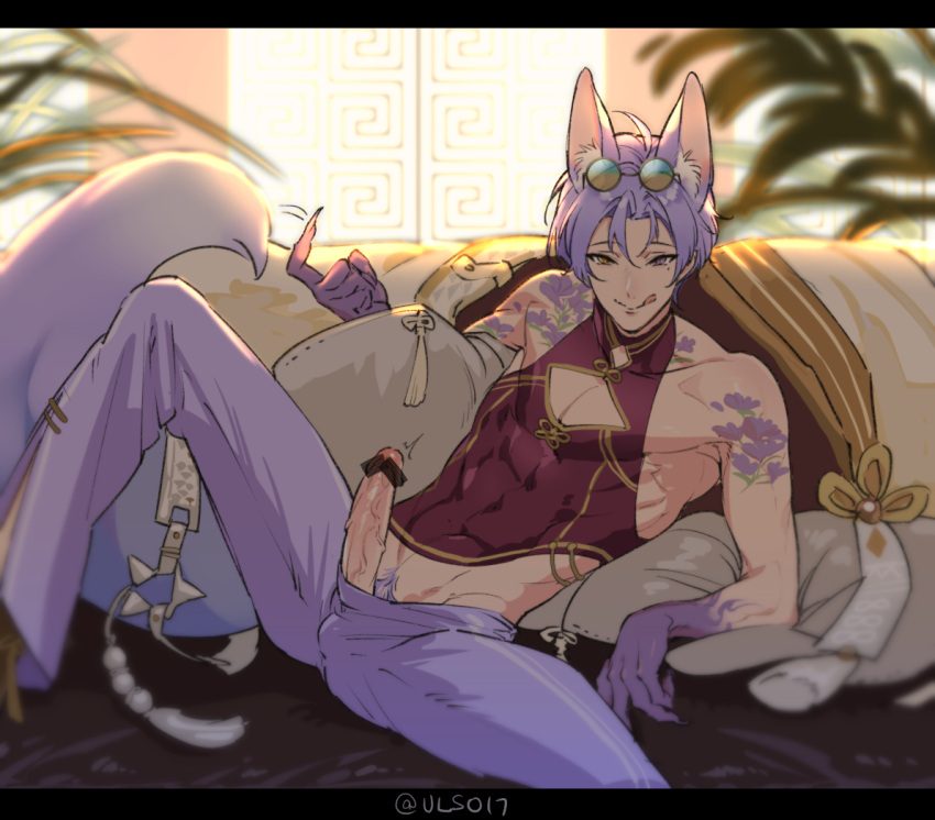 1boy animal_humanoid beckoning bishonen clothing erection fox_boy fox_ears gay genitals glasses_on_head kitsune kuya_(nu:_carnival) licking_lips male male_only nu:_carnival penis penis_out purple_hair reclining skin_tight solo solo_focus sunglasses sunglasses_on_head tail ulso17