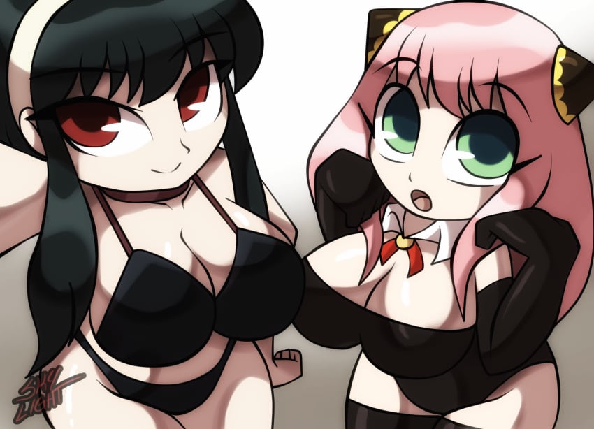 2girls aged_down aged_up alternate_breast_size anya_forger big_breasts black_hair bra breasts female female_only green_eyes hair_ornament legwear multiple_girls panties pink_hair red_eyes selfie skylight_(artist) smile spy_x_family standing thick_thighs thighhighs yor_briar