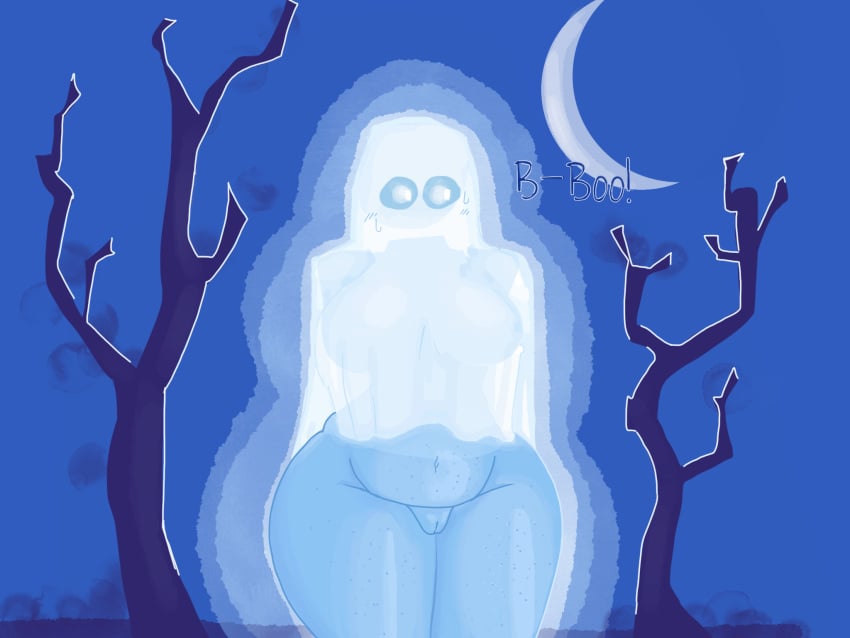 bare_thighs barely_clothed bed_sheet bedsheet_ghost big_breasts blue_body blue_eyes blue_skin bottomless breasts freckles freckles_on_thighs ghost ghost_girl margret_(sspaziim) moon moonlight nervous nipples nipples_visible_through_clothing sheet_ghost simple_background sspaziim sweat thick_thighs thighs