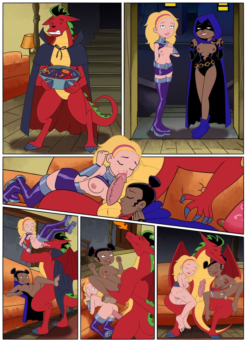 1boy 2girls all_fours american_dragon:_jake_long blonde_hair blowjob blue_eyes cartoon_network cosplay crossover cum dark-skinned_female dark_skin dc deadinside97 disney disney_channel doggy_style double_blowjob dracophilia dragon fellatio halloween harem interspecies jake_long light-skinned_female light_skin maledom nude penis raven_(cosplay) rose_(huntsgirl) sex starfire_(cosplay) tail_penetrating teen_titans threesome trixie_carter zoophilia