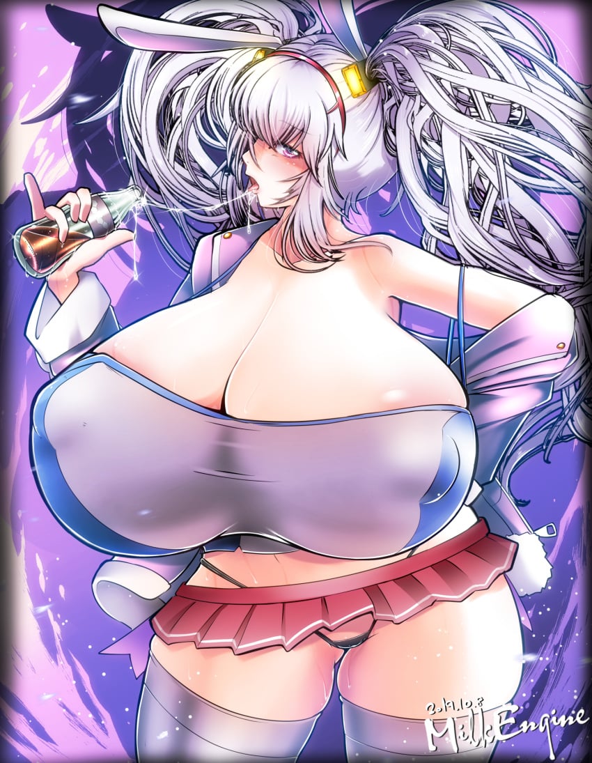 alternate_breast_size animal_ears artist_name azur_lane black_panties blush breasts camisole cleavage covered_nipples dated drink fake_animal_ears fake_tail female gigantic_breasts hairband hand_on_hip highleg highleg_panties highres jacket jacket_partially_removed kyosuke_fujiwara laffey_(azur_lane) large_areolae long_hair microskirt older open_clothes open_jacket open_mouth panties pink_eyes plump rabbit_ears rabbit_tail saliva saliva_trail skirt soda_bottle solo tail thighhighs tongue tongue_out twintails underwear very_long_hair white_hair white_legwear