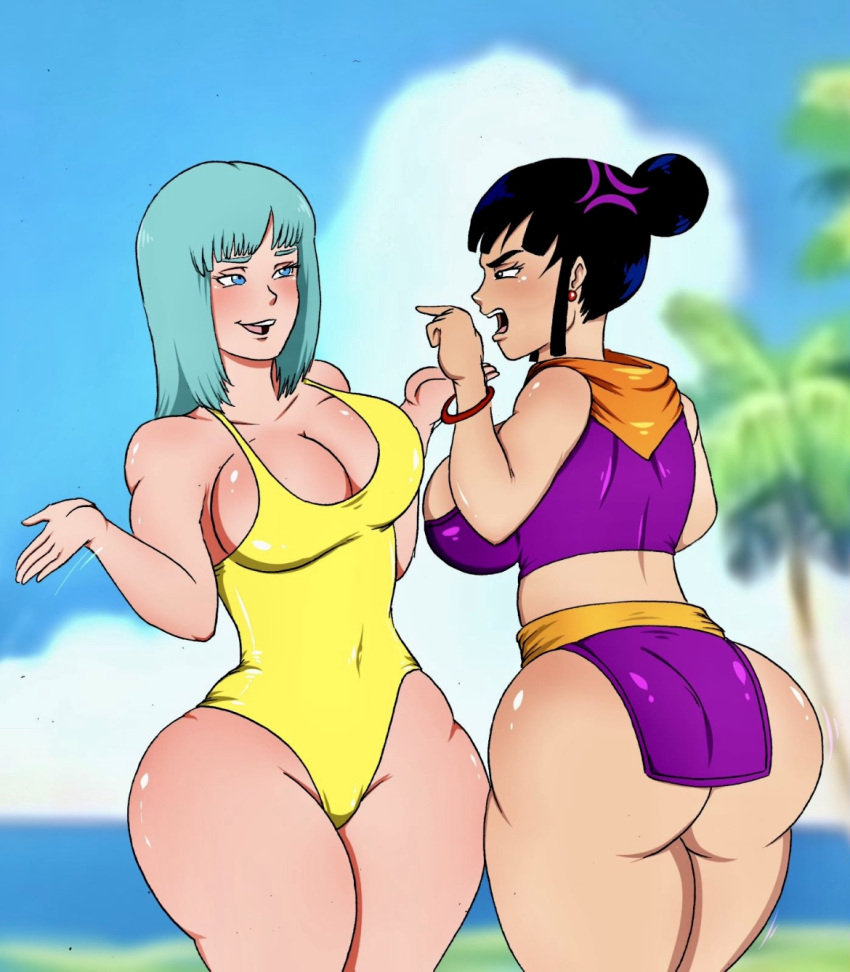 arguing big_ass big_breasts big_butt chichi clothing dragon_ball large_breasts maron one-piece_swimsuit pre_vore spicypaw swimsuit vore