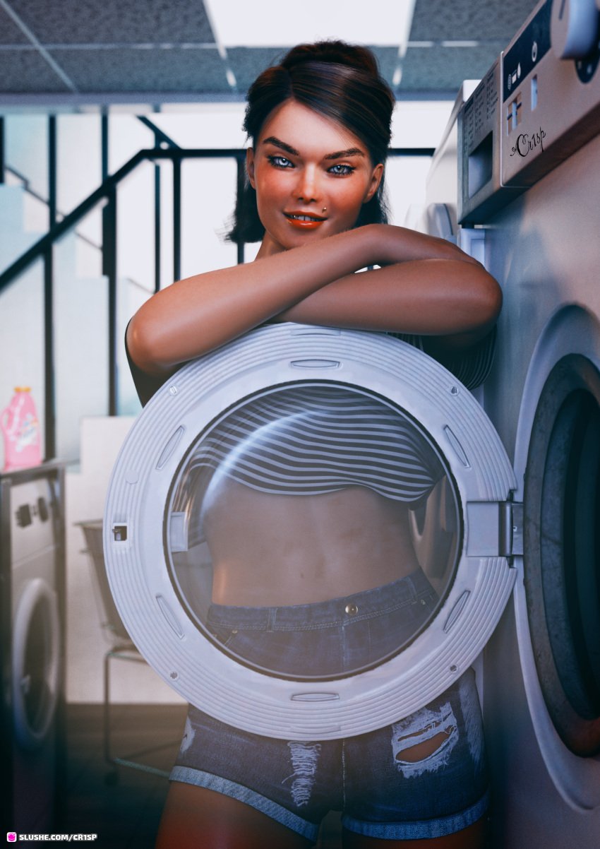 1girls 2022 3d bare_midriff carissa_(cr1sp) clothed clothing cr1sp depth_of_field female female_only front_view human indoors jean_shorts laundromat lipstick looking_at_viewer original original_character public red_lipstick slushe_(website) solo solo_female standing