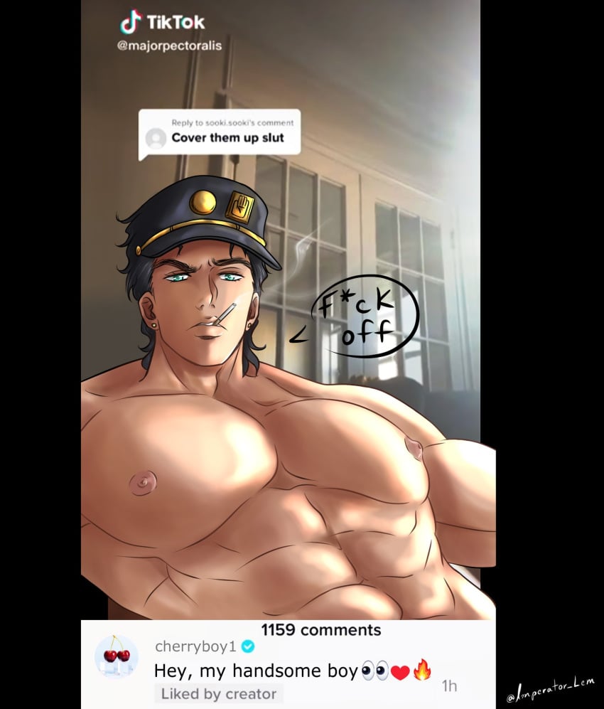 1boy bara black_hair cigarette cover_them_up_slut english_text imperator_lem jojo's_bizarre_adventure jotaro_kujo male male_nipples male_only muscular_male pecs solo_male speech_bubble stardust_crusaders text tiktok tiktok_overlay turquoise_eyes