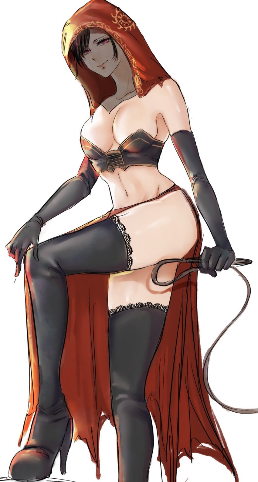 black_gloves black_legwear black_thighhighs boots bustier cleavage danya_olvide dark_hair dark_souls dark_souls_2 desert_sorceress elbow_gloves female female_only fromsoftware gloves high_heel_boots high_heels hood lace-trimmed_thighhighs long_skirt looking_at_viewer mole purple_eyes shaded_face side_slit smile solo thigh_boots thighhighs whip