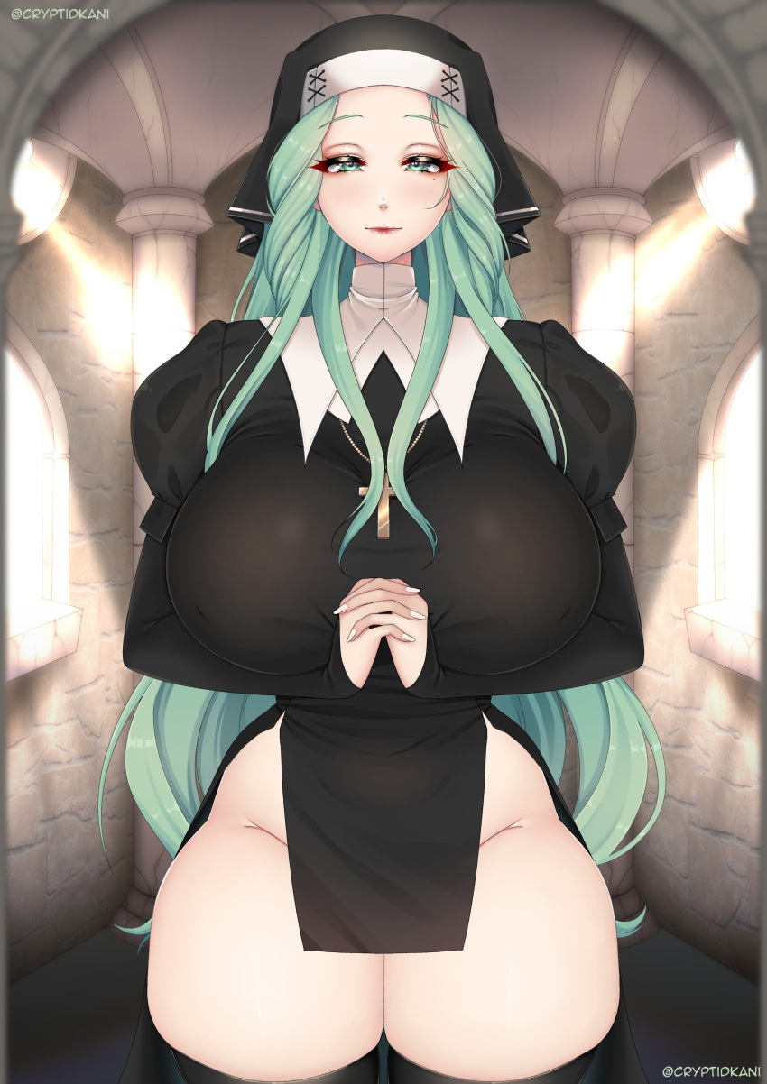 1girls alternate_costume bare_thighs beauty_mark breasts cryptid_crab female female_only fire_emblem fire_emblem:_three_houses green_eyes green_hair large_breasts long_hair looking_at_viewer mole mole_under_eye nintendo nun pelvic_curtain praying rhea_(fire_emblem) solo thick_thighs thighhighs thighs very_long_hair