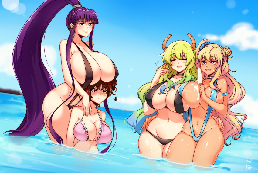 4girls absurd_res armband artist_name ass ayanobro bangs bare_shoulders big_ass big_breasts bikini blonde_hair blue_eyes blue_hair blurry_background blush boob_hat breasts brown_eyes brown_hair cleavage closed_eyes clothing collar collarbone crossover curvy dragon eiken eyebrows_visible_through_hair eyelashes female female_focus female_only food fujinoki_nene galko green_hair hair_bun hajimete_no_gal hand_on_hip height_difference hips horn hourglass_figure huge_breasts human humanoid ice_cream kirika_misono large_ass large_breasts lips long_hair micro_bikini miss_kobayashi's_dragon_maid multicolored_hair multiple_girls navel ocean one-piece_swimsuit open_mouth oshiete!_galko-chan pinup ponytail pout purple_eyes purple_hair quetzalcoatl_(dragon_maid) revealing_clothes scrunchie shiny_skin sideboob skimpy sling_bikini smile swimsuit tan_skin tanline teeth thick_thighs thigh_gap thighs thin_waist tied_hair tongue very_long_hair voluptuous water wide_hips