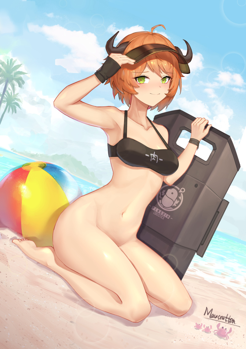 absurdres arknights armpits ball bare_arms bare_legs beach beachball bikini black_bra blush bottomless bra collarbone convenient_censoring crab croissant_(arknights) feet female gloves green_eyes highres holding holding_shield horns kneeling navel ocean orange_hair shield short_hair super_hellrat swimsuit thighs underwear visor