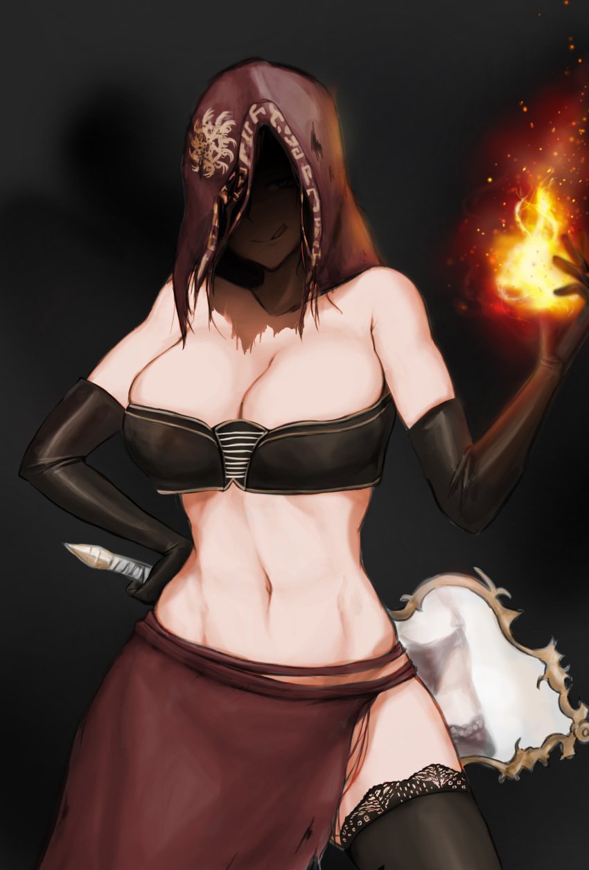 alternate_version_available big_breasts black_gloves black_thighhighs cleavage dark_souls dark_souls_2 desert_sorceress elbow_gloves female female_only fire fromsoftware gloves hand_on_hip hood lace-trimmed_thighhighs licking_lips light-skinned_female mirror revealing_clothes shaded_face smile solo syuleutella thighhighs