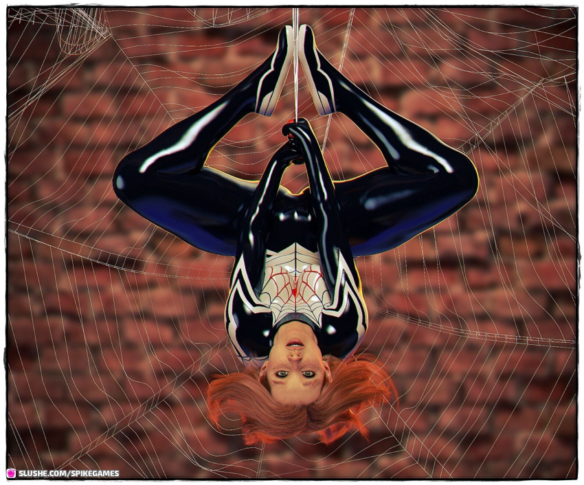 1girls 2021 3d bodysuit cute fanart female female_only green_eyes hanging large_breasts latex latex_suit looking_at_viewer marvel orange_hair race_swap red_hair silk_(marvel) slushe_(website) solo solo_female spiderweb spikegames superhero superheroine upside-down