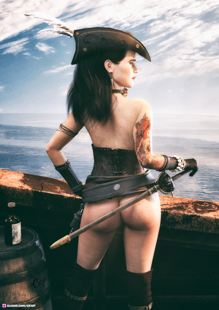 1girls 2022 3d arm_tattoo back_view black_hair boat boots bottomless cr1sp earrings female female_only gloves kneehigh_boots kneehighs long_hair looking_back original original_character outdoor outdoor_nudity outdoors outside pirate pirate_hat slushe_(website) solo solo_female standing tattoo water yfke_(cr1sp)