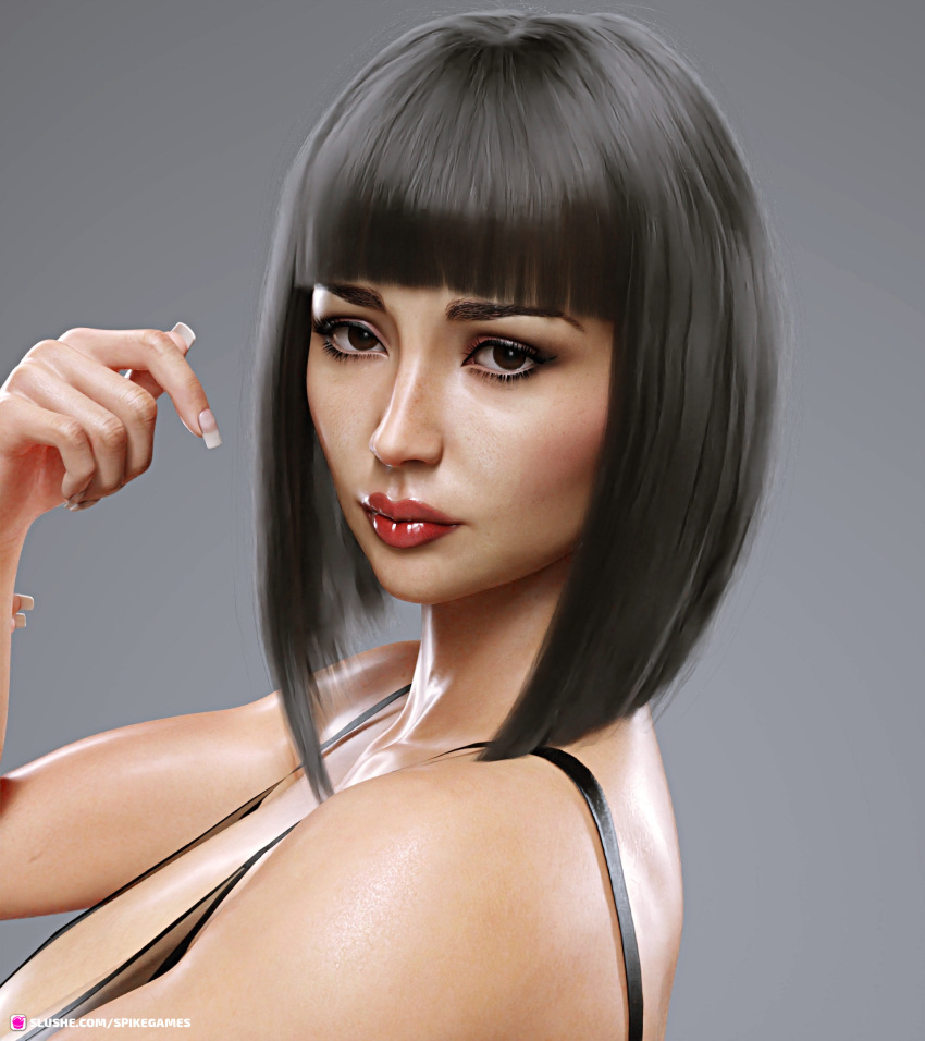 1girls 2021 3d black_hair bob_cut female female_only gray_background grey_background huge_breasts lipstick looking_at_viewer red_lipstick short_hair slushe_(website) solid_color_background solo solo_female spikegames