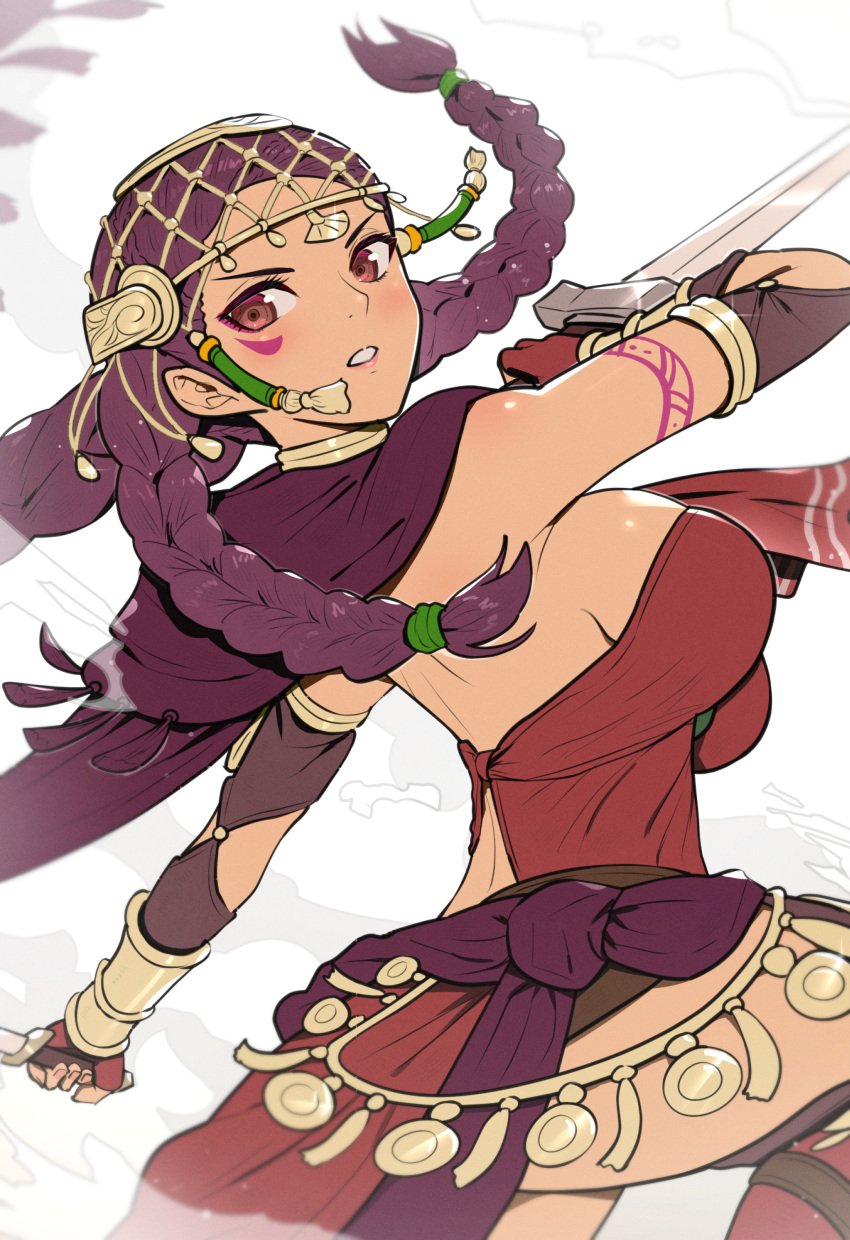 1girls alternate_costume alternate_hairstyle bangs braid breasts brown_eyes capelet dark-skinned_female dark_skin dual_wielding eye_tattoo facial_mark female fire_emblem fire_emblem:_three_houses fire_emblem_warriors fire_emblem_warriors:_three_hopes fully_clothed gloves gonzarez hair_ornament highres holding holding_weapon jewelry large_breasts long_hair looking_at_viewer looking_to_the_side nintendo official_alternate_costume official_alternate_hairstyle open_mouth petra_macneary purple_capelet purple_hair sideboob simple_background smoke solo sword tattoo thick_thighs twin_braids twisted_torso weapon