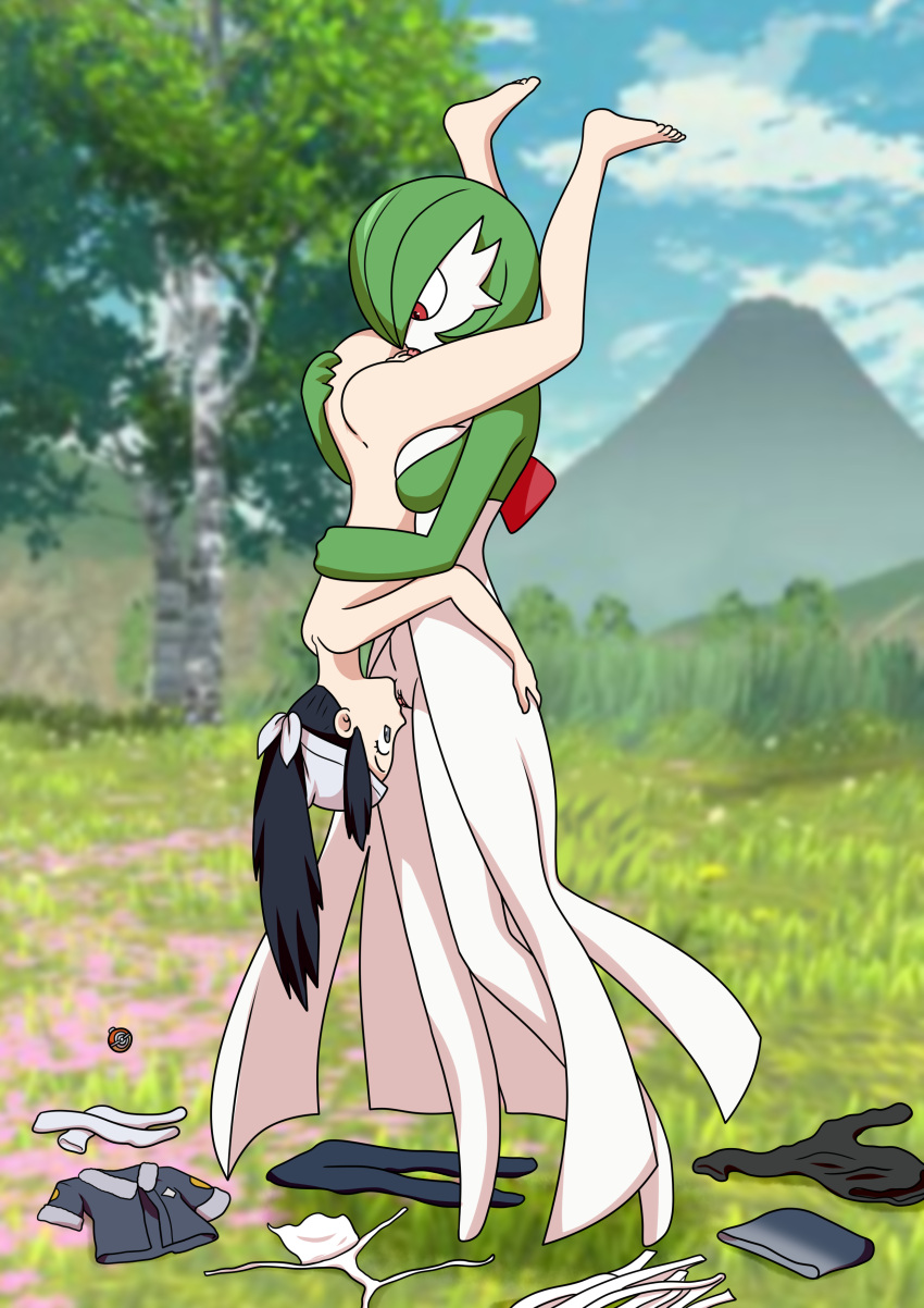 2girls 69 akari_(pokemon) anthro barefoot blue_hair clothes_removed feet female female_only female_pokemon/female_human gardevoir human lesbian lesbian_sex misaeldm multiple_girls naked nature_background outdoors pokemon pokemon_(species) pokemon_legends:_arceus pokephilia standing_69 standing_sex toes video_games yuri