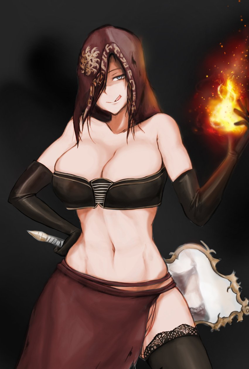 1girls alternate_version_available big_breasts black_gloves black_thighhighs cleavage dark_souls dark_souls_2 desert_sorceress elbow_gloves female female_only fire fromsoftware gloves hand_on_hip hood lace-trimmed_thighhighs licking_lips looking_at_viewer mirror revealing_clothes seductive_smile smile solo syuleutella thighhighs