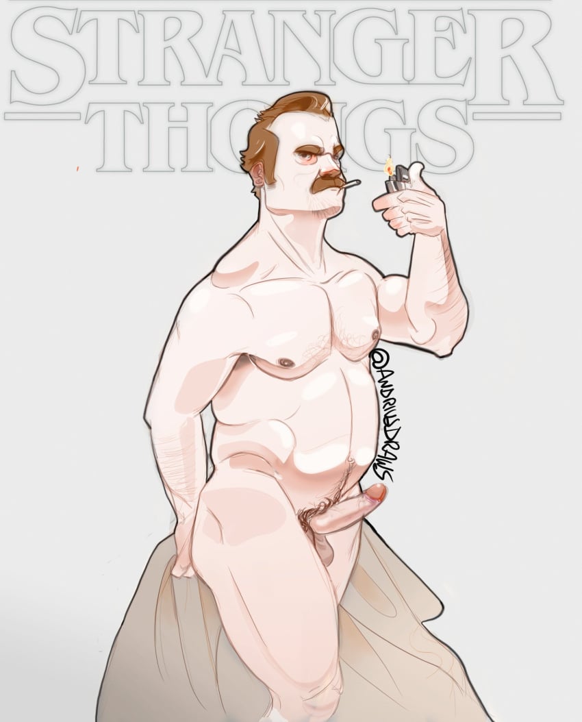 1boy actor andriusdraws boner celebrity cigarette dad_bod david_harbour erect_penis erection hard_on in_character jim_hopper male male_only muscles muscular muscular_male stranger_things