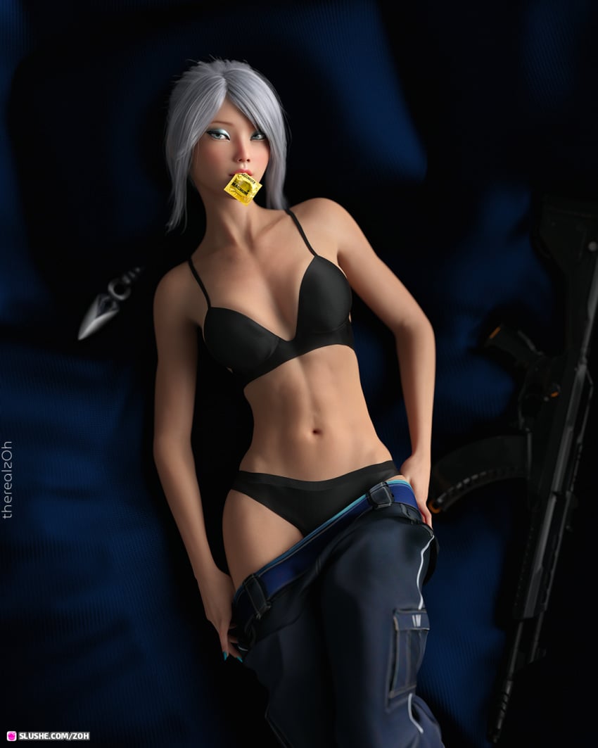 1girls 2022 3d black_lingerie blue_nail_polish bra condom condom_in_mouth condom_wrapper_in_mouth fanart female female_only gray_hair grey_hair jett_(valorant) long_fingernails looking_at_viewer metallic_nail_polish slushe_(website) solo solo_female stylized therealzoh undressing valorant viewed_from_above white_hair zoh