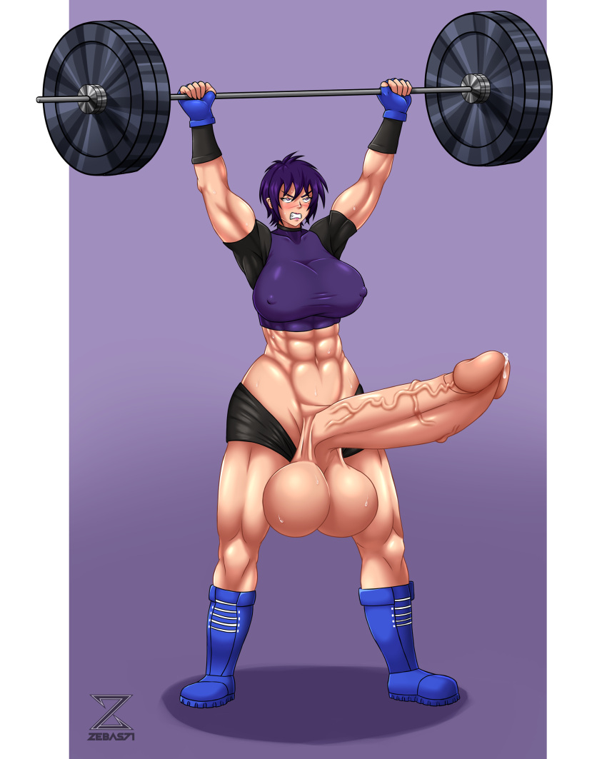 1futa abs balls blue_hair breasts clothed clothing erect_nipples erect_penis erection futa_only futanari gigantic_penis gigantic_testicles huge_balls huge_breasts huge_cock human light-skinned_futanari light_skin mole_under_eye mostly_clothed muscles muscular muscular_futanari nipples original_character penis precum short_hair solo standing vein veins veiny_penis weightlifting weights zebas71