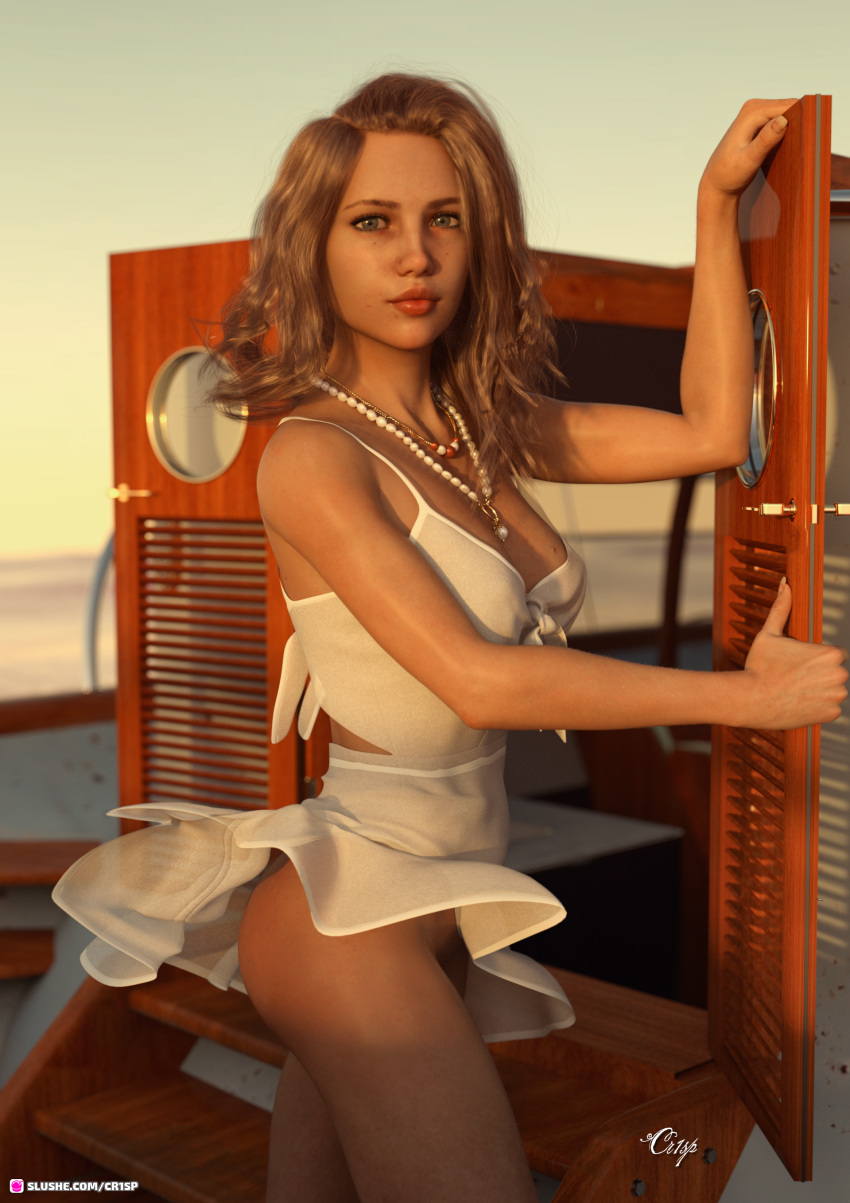 1girls 2022 3d boat clothed clothing cr1sp depth_of_field dress female female_only looking_at_viewer medium_breasts necklace no_panties nopan outdoor outdoor_nudity outdoors outside skirt slushe_(website) solo solo_female standing white_dress