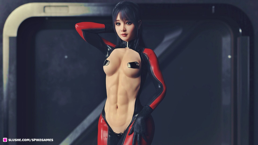 1girls 2021 3d abs arm_up asian asian_female black_hair bodysuit cute female female_only gloves long_hair looking_at_viewer medium_breasts one_arm_up open_bodysuit pasties sci-fi science_fiction slushe_(website) solo solo_female spikegames standing