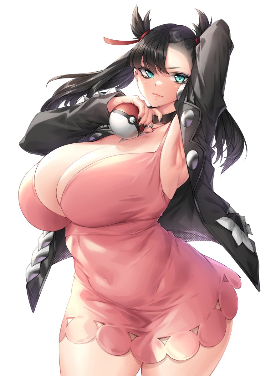 1girls 2022 alternate_body_type alternate_breast_size arm_up armpits artist_signature black_hair breasts cleavage clothed clothed_female dress female female_only green_eyes hi_res hips holding_object huge_breasts jacket large_breasts looking_at_viewer marnie_(pokemon) naidong nintendo pokemon pokemon_ss short_dress short_hair thick_thighs thighs twintails wide_hips yin-ting_tian