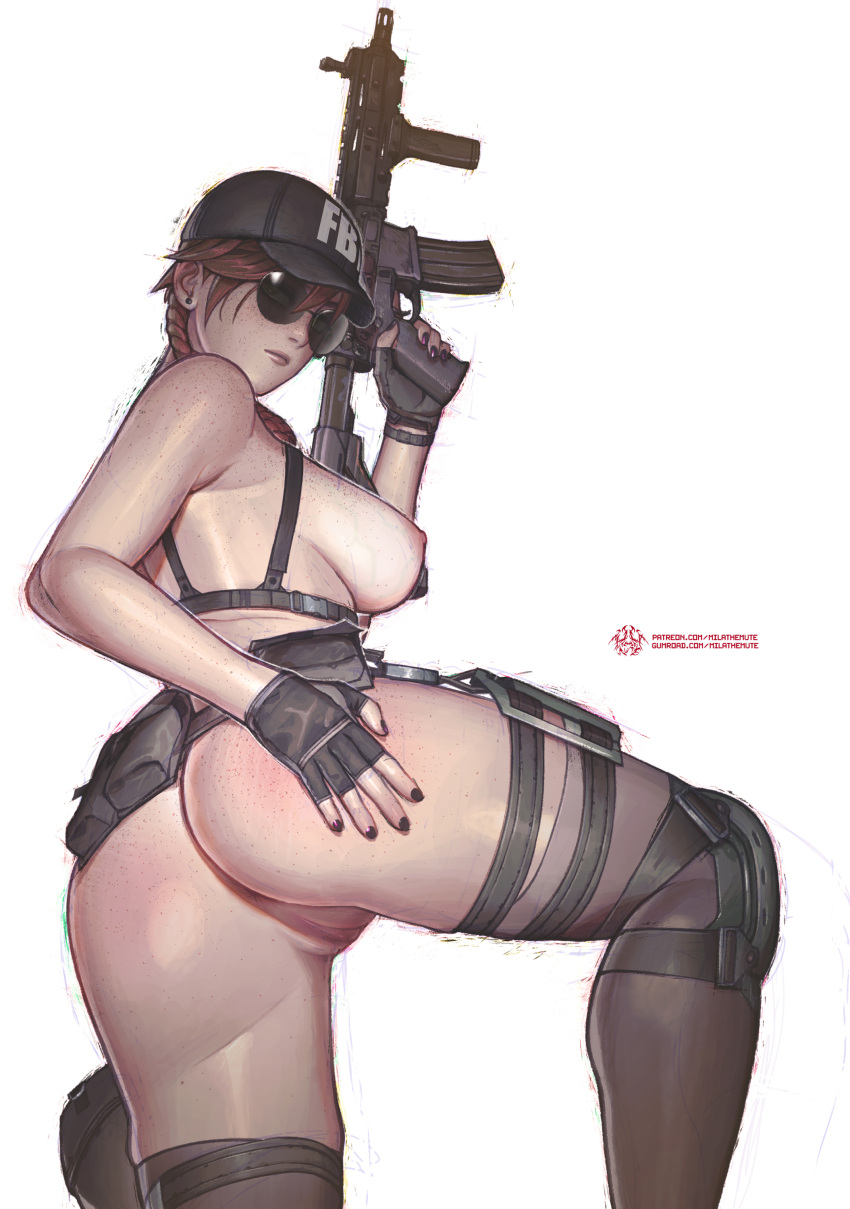 1girls ash_(rainbow_six) ass belt breasts eyewear fbi_cap female fingerless_gloves firearm gun headwear human legwear mila_the_mute painted_nails pale_skin rainbow_six rainbow_six_siege rifle showing_off solo solo_female sunglasses tactical_gear tactical_nudity tagme tinted_eyewear transparent_clothing weapon