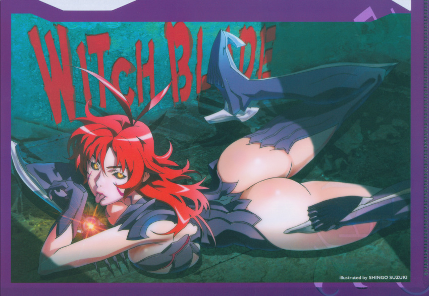 1girls ass black_sclera bottomless breast_press breasts claws color female female_only female_protagonist gonzo hair huge_breasts human human_only legs licking lipstick masane_amaha official_art on_stomach red_hair scan solo squish suzuki_shingo thighhighs thighs tongue transformed witchblade yellow_eyes