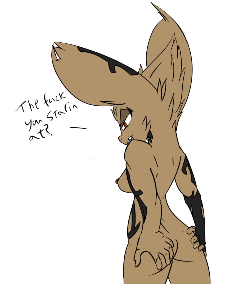 absurd_res angry animal_ears annoyed anthro ass big_ears big_head delphi ears female fennec fur hi_res huge_ears hyper_ears long_ears nervous nude rear_view rude sideboob simple_background skinny small_ass solo standing tribal_tattoo tsundere yellow_fur