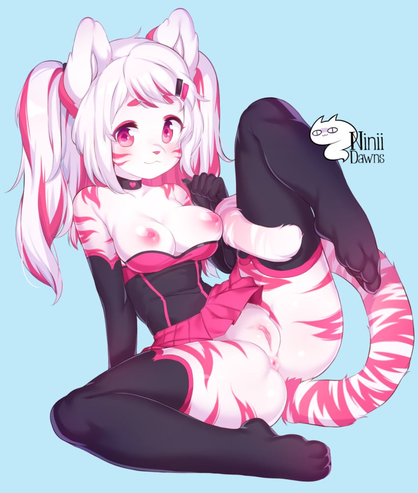 :3 anthro blush breasts clothed clothing felid feline female fur hi_res legwear looking_at_viewer mammal niniidawns nipples no_underwear pink_eyes pussy solo stockings stripes white_body white_fur