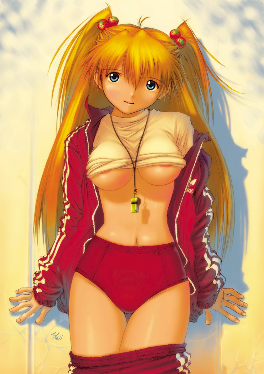 areola areolae asuka_langley_sohryu breasts buruma clothing female female_only food fruit gym_uniform highres human kobayashi_yuji kobayashi_yuuji large_breasts neon_genesis_evangelion shirt shirt_lift solo strawberries strawberry track_suit underboob whistle