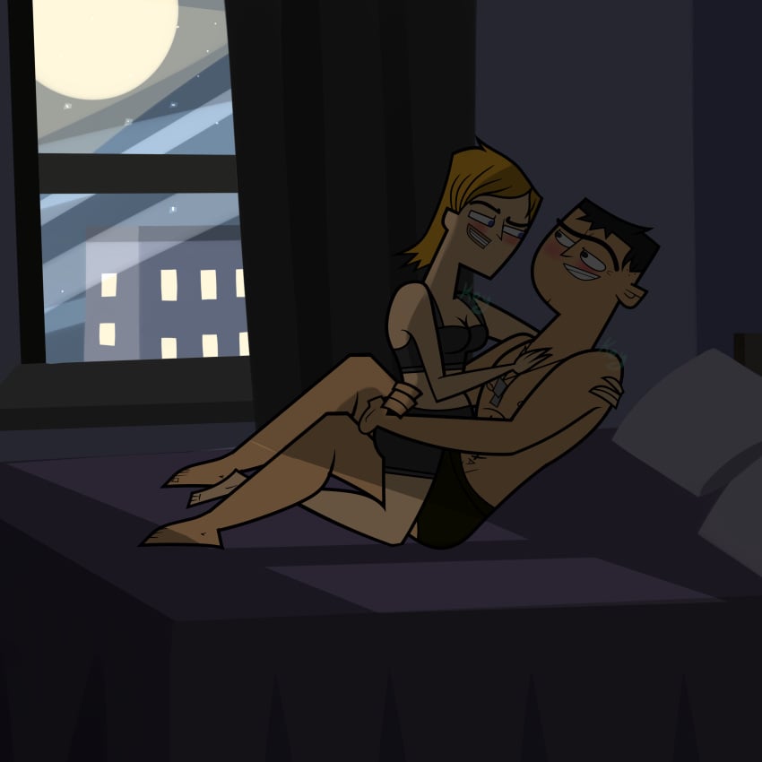 1boy 1girls 2018 blush boxers bra breasts brick_(tdi) clothed detailed_background female_on_top jo_(tdi) keyseyruto male/female night nipples pecs shirtless straight total_drama:_revenge_of_the_island total_drama_island underwear