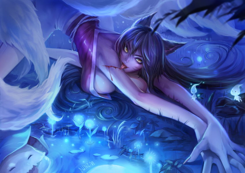 9_tails 9thmonster ahri animal_ear_fluff animal_ears animal_girl big_breasts black_hair bleeding blood breasts busty child_bearing_hips cleavage clothing curves curvy curvy_female curvy_figure curvy_hips evil_grin eyelashes eyeliner eyeshadow facial_markings female fluffy fluffy_ears fluffy_tail fluffy_tails fox fox_ears fox_girl fox_tail furry_tail glistening glistening_body glistening_breasts glistening_hair glistening_skin grin hips humanoid inner_ear_fluff kemonomimi kitsune large_breasts league_of_legends licking licking_blood licking_wound light-skinned_female light_skin lips lipstick long_hair multiple_tails nine_tailed_fox pale-skinned_female pale_skin riot_games seduction seductive seductive_eyes seductive_look seductive_smile suggestive suggestive_look suggestive_pose tail tease teasing teasing_viewer thick_thighs thighs threatening tongue vastaya video_games voluptuous wide_hips yellow_eyes