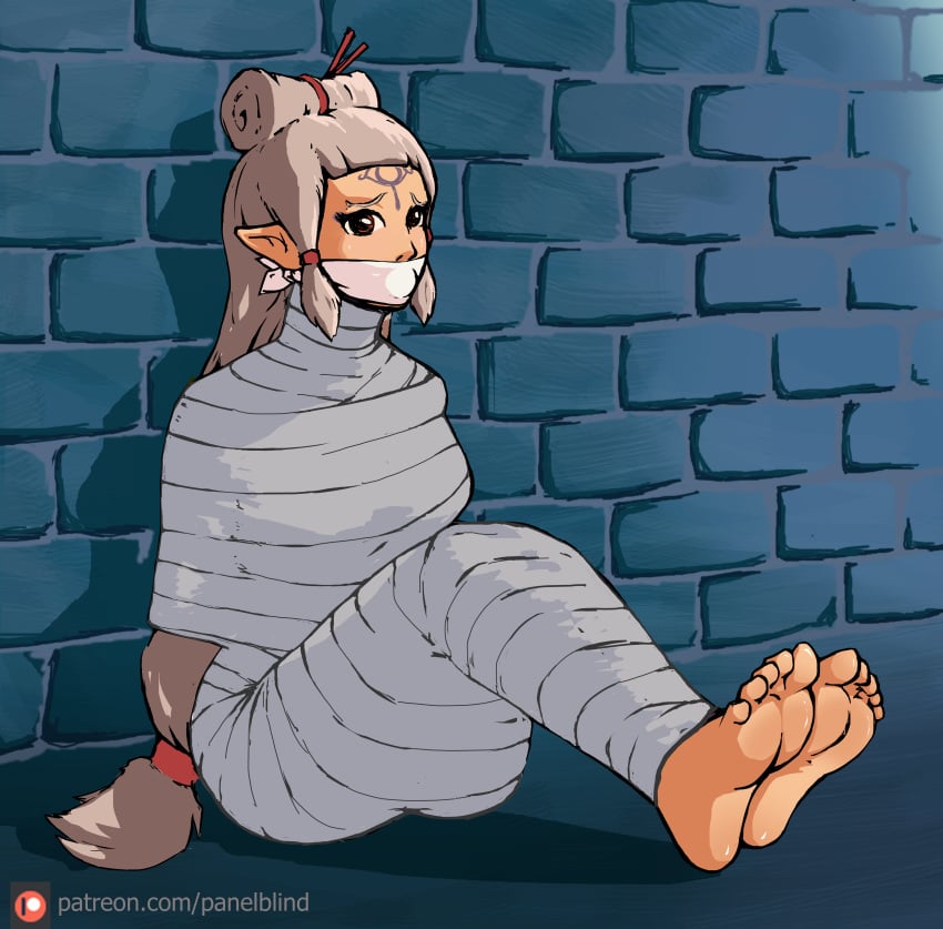 1girls age_of_calamity barefoot bondage bound breasts feet gag gagged hi_res hyrule_warriors:_age_of_calamity impa impa_(age_of_calamity) long_hair mummification mummified ninja nintendo panelblind paya_(the_legend_of_zelda) pointy_ears red_eyes restrained sitting sitting_on_floor solo tape the_legend_of_zelda tied tied_up white_hair